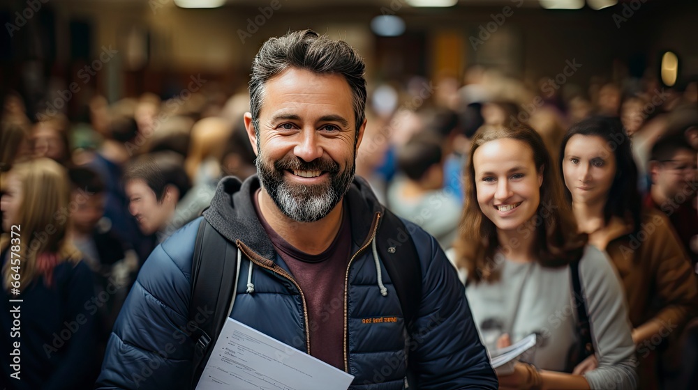 Fototapeta premium Smiling man in crowd, emanating confidence amid bustle.