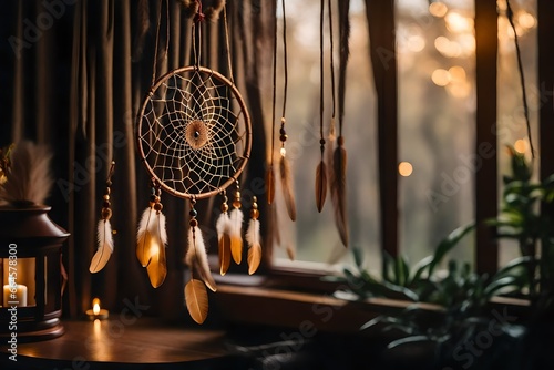 A Photograph of a mesmerizing dream catcher hanging elegantly in a cozy bedroom, capturing the ethereal essence of tranquility and protection.