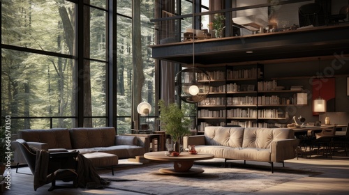 living room, stylish bookcase to the ceiling in a chic expensive interior of a luxurious country house with a modern design with wood and led light, gray furniturу