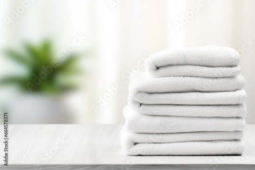 Stacked soft towels on white table in bathroom. 