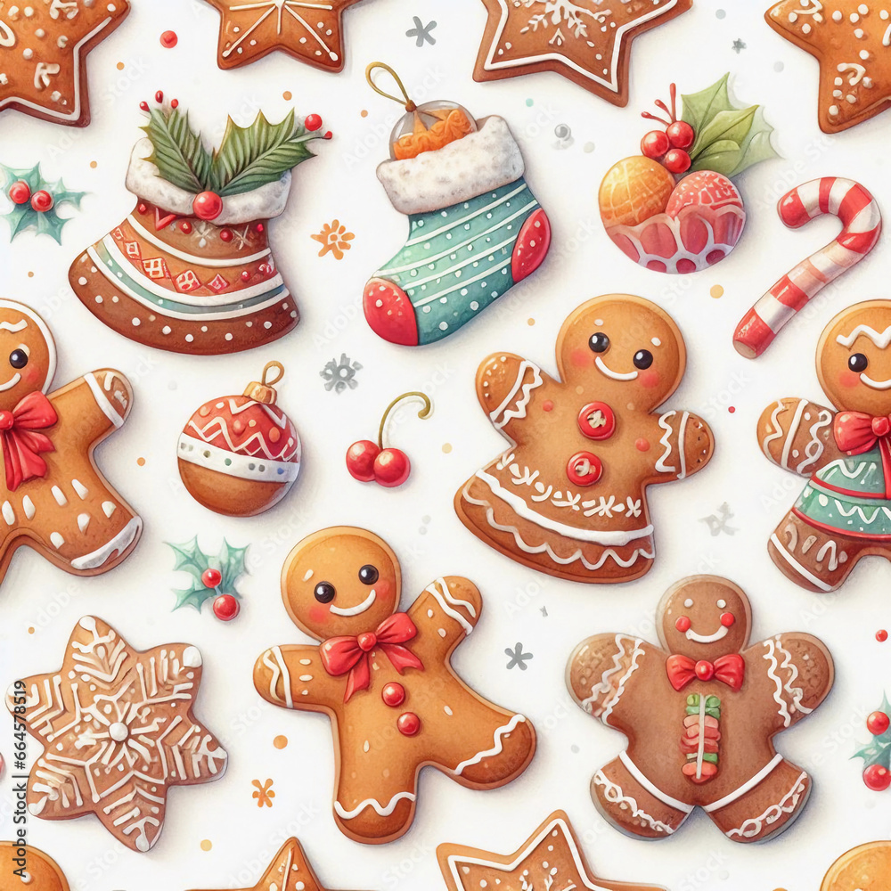 Christmas sweets and hot drinks, seamless pattern, watercolor illustrations. Generative AI.