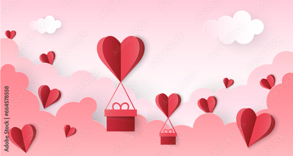 Red paper cut hearts with gift box flying in pink sky with clouds ...