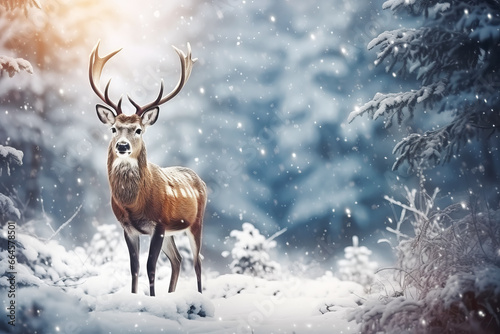 Christmas greeting card with beautiful deer in magical snowy forest © colnihko