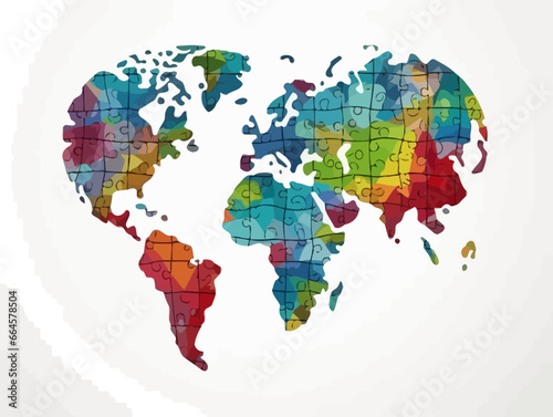 Doodle Puzzle heart with world map, cartoon sticker, sketch, vector, Illustration, minimalistic