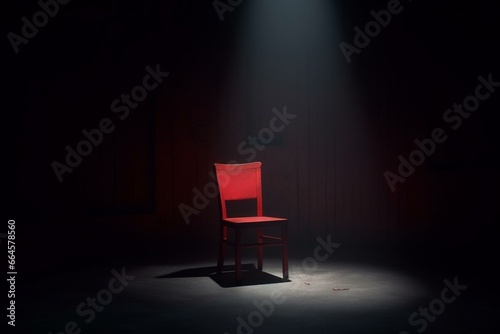 3D illustration of an empty red chair under a spotlight in a dark room or on stage. Generative AI