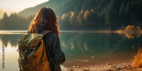 Wallpaper Mural A Girl with a Backpack Photographing a Picturesque Lake, Embracing Hiking, Work and Travel, and Trekking Adventures Torontodigital.ca