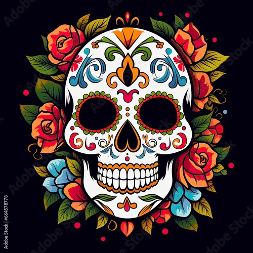 Mexican roses skull. Mexican roses skull. Dia de los muertos shugar colorful head.