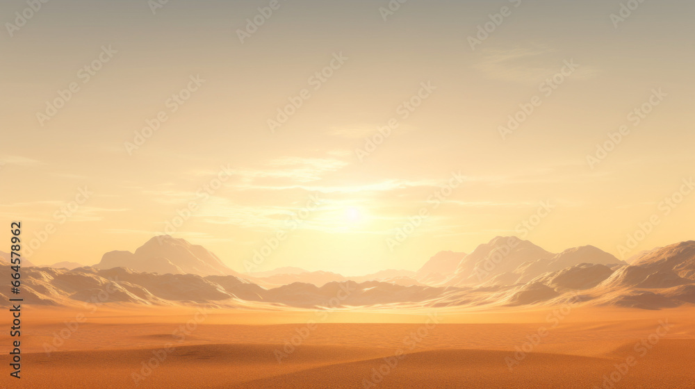 A dramatic desert landscape is framed by a shining yellow sun The endless dunes stretch out as far as the eye can see, and the jagged mountains stand tall in the distant horizon