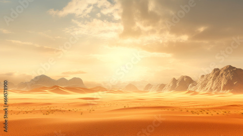 A dramatic desert landscape is framed by a shining yellow sun The endless dunes stretch out as far as the eye can see, and the jagged mountains stand tall in the distant horizon