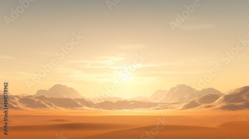 A dramatic desert landscape is framed by a shining yellow sun The endless dunes stretch out as far as the eye can see, and the jagged mountains stand tall in the distant horizon © Textures & Patterns