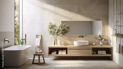 Modern and comfortable interior design - bathroom in gray and wooden materials. 