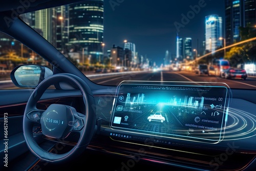 Modern smart car technology intelligent system using Heads up display (HUD) Autonomous self driving mode vehicle on city road with graphic sensor radar signal system intelligent car. © MstHafija