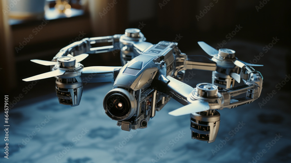 A drone hovers in the corner, its propellers spinning rapidly as it scans the room A drone hovers in the corner, its propellers spinning rapidly as it scans the room
