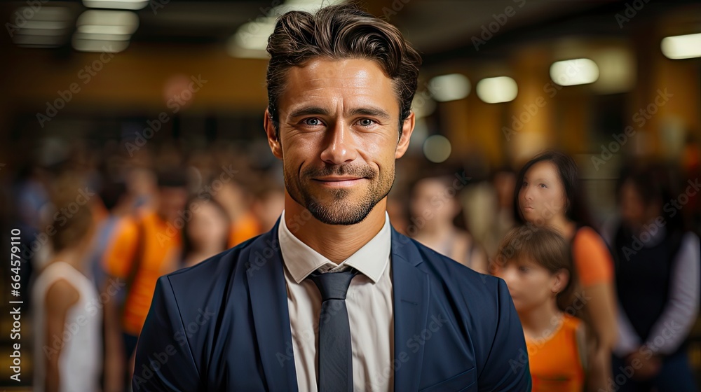 Fototapeta premium Smiling man in crowd, emanating confidence amid bustle.