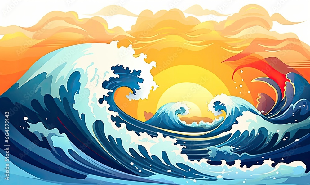 Ocean wave sun clouds, blue yellow abstract ocean wave. Ocean wave sun clouds, blue yellow abstract ocean wave.