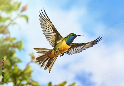 Olive backed sunbird, Yellow bellied sunbird flying in the bright sky.