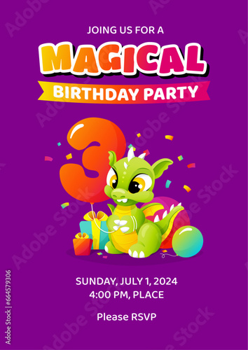 Magical Happy 3d third Birthday invitation template (date, time, place) with little cute cartoon dragon holding balloon as number three. Colorful children illustration. Vector design for kids. (ID: 664579306)