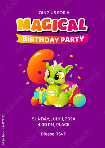 Magical Happy 6th sixth Birthday invitation template (date, time, place) with little cute cartoon dragon holding balloon as number six. Colorful children illustration. Vector design for kids. (ID: 664579322)