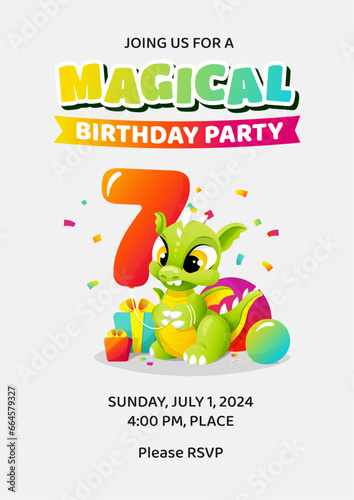 Magical Happy 7th seventh Birthday invitation template (date, time, place) with little cute cartoon dragon holding balloon as number seven. Colorful children illustration. Vector design for kids. (ID: 664579327)