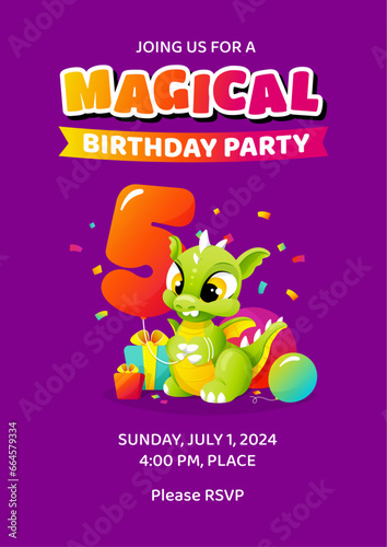 Magical Happy 5th fifth Birthday invitation template (date, time, place) with little cute cartoon dragon holding balloon as number five. Colorful children illustration. Vector design for kids. (ID: 664579334)