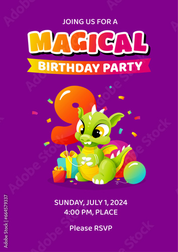 Magical Happy 9th ninth Birthday invitation template (date, time, place) with little cute cartoon dragon holding balloon as number nine. Colorful children illustration. Vector design for kids. (ID: 664579337)