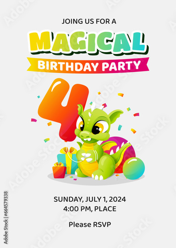 Magical Happy 4th fourth Birthday invitation template (date, time, place) with little cute cartoon dragon holding balloon as number four. Colorful children illustration. Vector design for kids. (ID: 664579338)