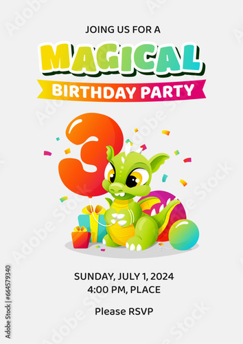 Magical Happy 3d third Birthday invitation template (date, time, place) with little cute cartoon dragon holding balloon as number three. Colorful children illustration. Vector design for kids. (ID: 664579340)