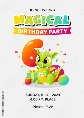 Magical Happy 6th sixth Birthday invitation template (date, time, place) with little cute cartoon dragon holding balloon as number six. Colorful children illustration. Vector design for kids. (ID: 664579349)