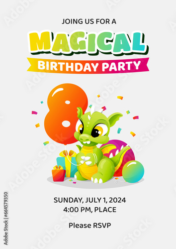 Magical Happy 8th eighth Birthday invitation template (date, time, place) with little cute cartoon dragon holding balloon as number eight. Colorful children illustration. Vector design for kids. (ID: 664579350)