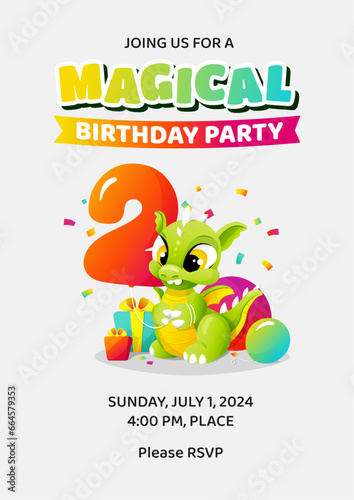Magical Happy 2nd second Birthday invitation template (date, time, place) with little cute cartoon dragon holding balloon as number two. Colorful children illustration. Vector design for kids. (ID: 664579353)