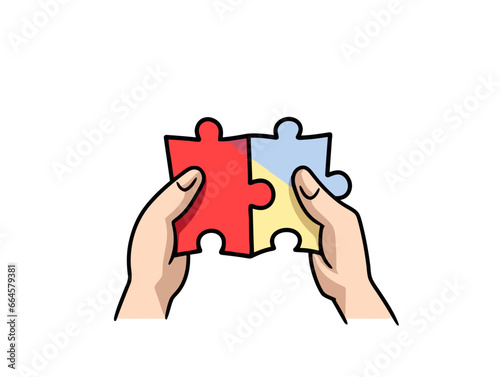 Doodle Hands holding puzzle piece, cartoon sticker, sketch, vector, Illustration, minimalistic