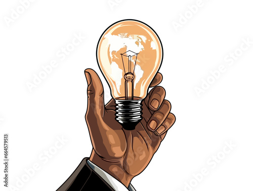 Doodle Light bulb with earth, cartoon sticker, sketch, vector, Illustration, minimalistic