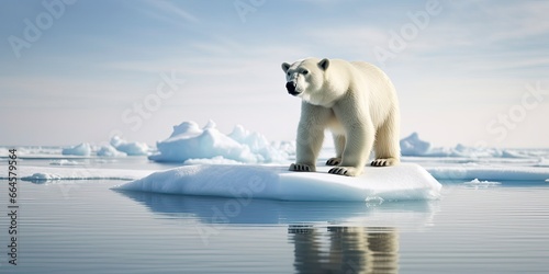 Polar bear on ice floe. Melting iceberg and global warming.