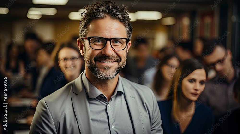 Fototapeta premium Smiling man in crowd, emanating confidence amid bustle.