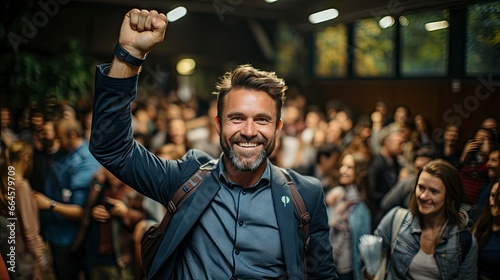 Smiling man in crowd, emanating confidence amid bustle.