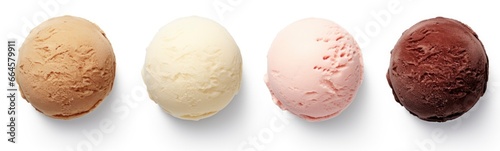 Set of four various ice cream balls or scoops isolated on white background.