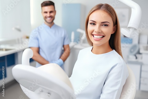 Happy woman with smiling at dental clinic for healthy teeth.