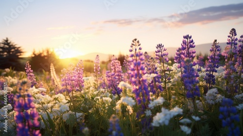 a lush, wildflower meadow with a color palette of blues, purples, and whites, captured at golden hour. photo