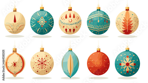 flat 2D vector illustration set, beautiful decorated christmas bauble isolated on white background. Set of beautiful Christmas decoration. Christmas elements, design for Christmas card, greeting card 