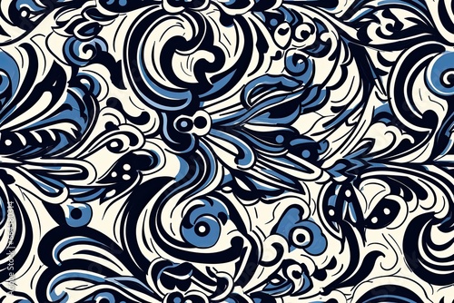 A pattern with oriental and gothic motifs, drawn in the style of ink doodles and sketches, a trend of the season. Using blue color.