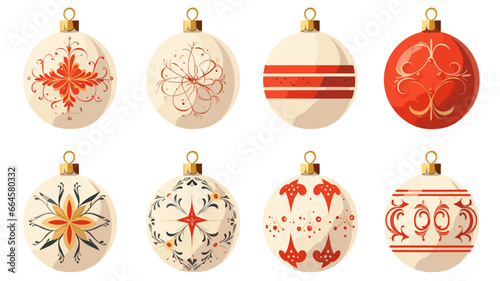 flat 2D vector illustration set  beautiful decorated christmas bauble isolated on white background. Set of beautiful Christmas decoration. Christmas elements  design for Christmas card  greeting card 