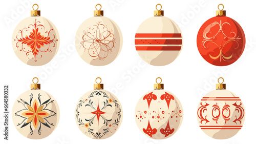 flat 2D vector illustration set, beautiful decorated christmas bauble isolated on white background. Set of beautiful Christmas decoration. Christmas elements, design for Christmas card, greeting card 