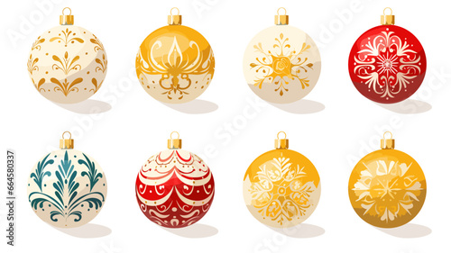 flat 2D vector illustration set, beautiful decorated christmas bauble isolated on white background. Set of beautiful Christmas decoration. Christmas elements, design for Christmas card, greeting card 