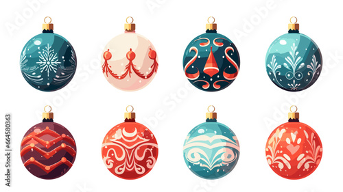 flat 2D vector illustration set  beautiful decorated christmas bauble isolated on white background. Set of beautiful Christmas decoration. Christmas elements  design for Christmas card  greeting card 
