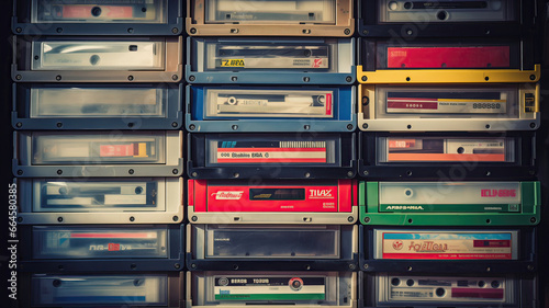 Many cassette tapes of various colors 1990's. Vintage