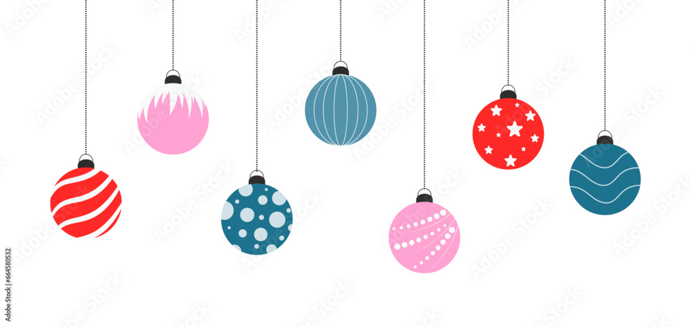 Set of christmas balls. Decorative elements for greeting card, poster, banner, advertising, scrapbooking. Vector illustration.  - obrazy, fototapety, plakaty 