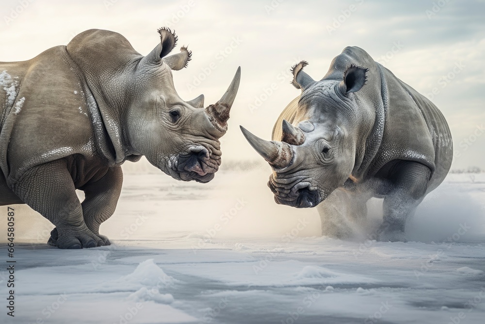 Obraz premium Two Rhinoceros getting ready for fight on Ice.