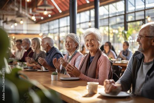 a group of elderly people sitting at a table in a cafe or dining room, the concept of a happy old age, pensioners in a nursing home