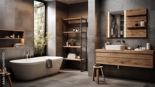 Modern and comfortable interior design - bathroom in gray and wooden materials.  © YauheniyaA