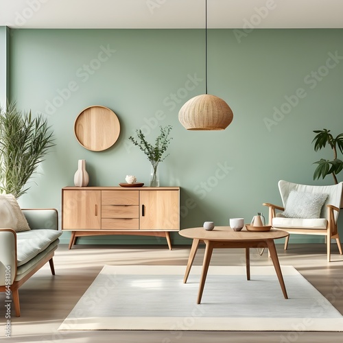 sofa and a chair with coffee table and wooden cabinet against light green wall  AI generative.